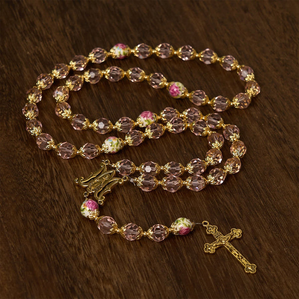 Pink Crystal Beads with Golden Alloy Chain Crucifix & Virgin Mary Prayer Rosary