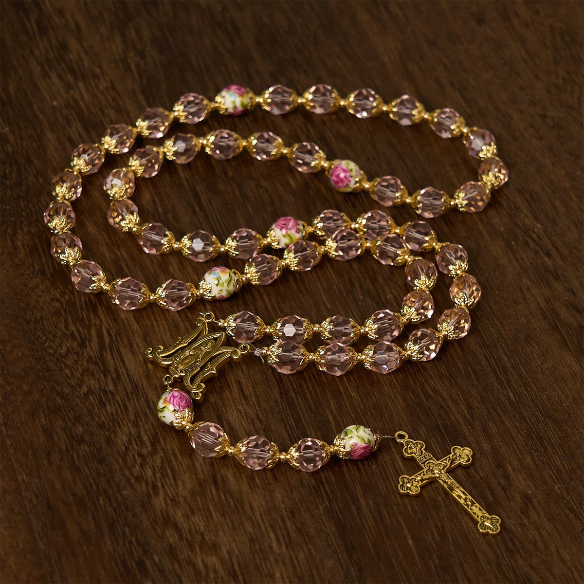 Pink Crystal Beads with Golden Alloy Chain Crucifix & Virgin Mary Prayer Rosary