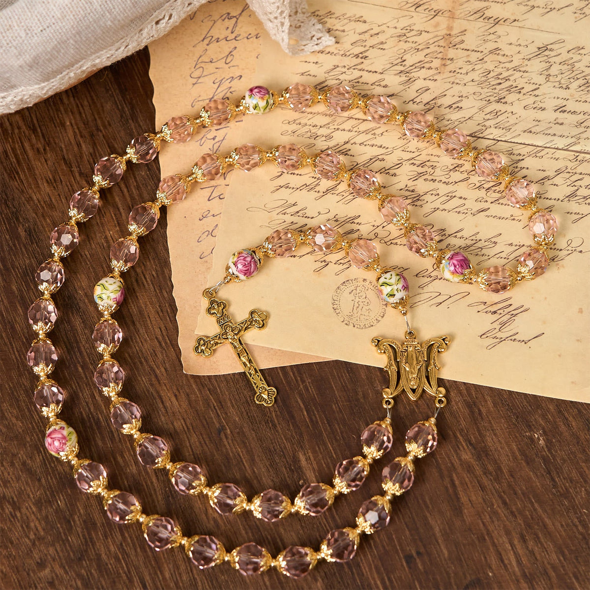 Jesus Is The Gift: Pink Crystal Beads Crucifix & Virgin Mary Rosary with Gift Card
