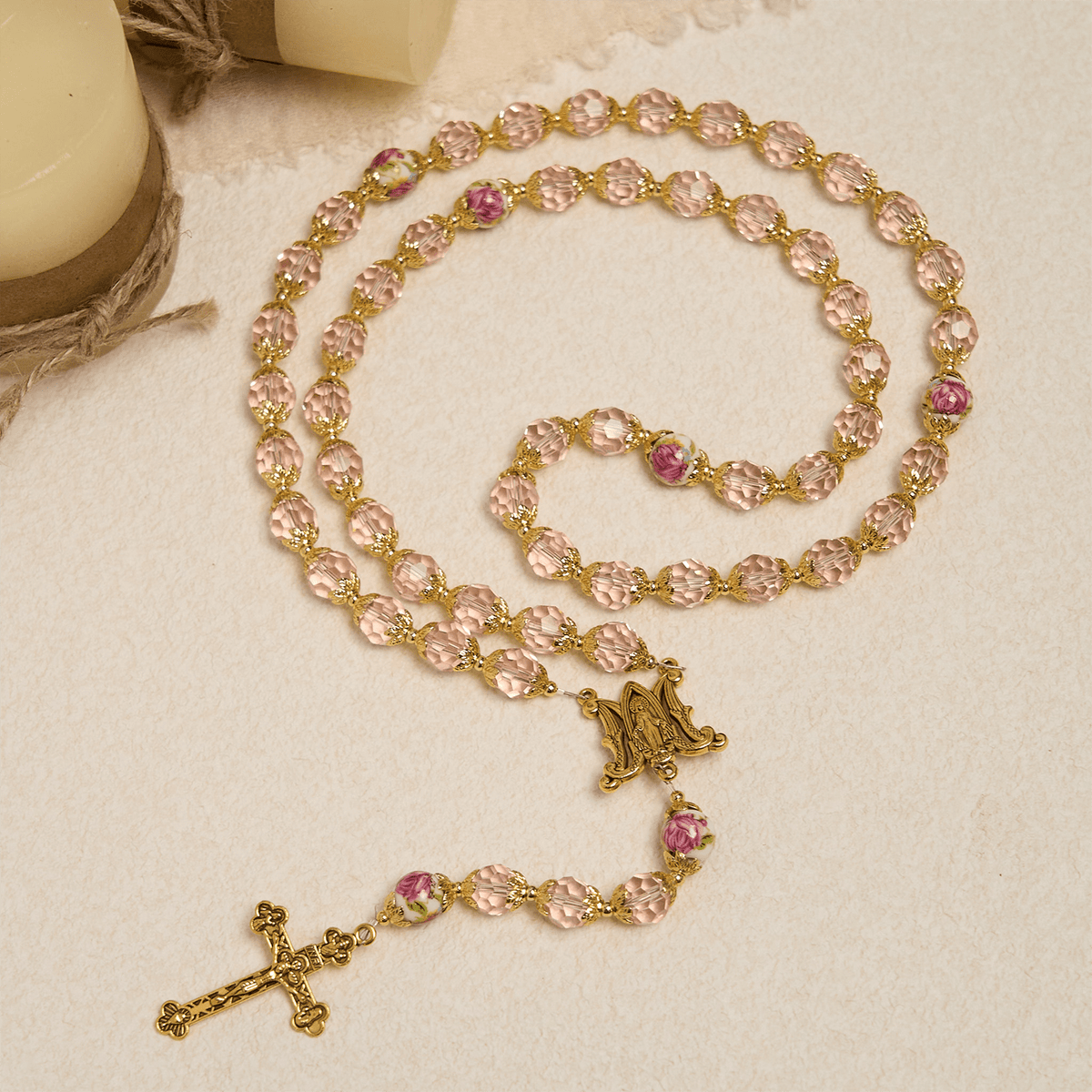 Jesus Is The Gift: Pink Crystal Beads Crucifix & Virgin Mary Rosary with Gift Card
