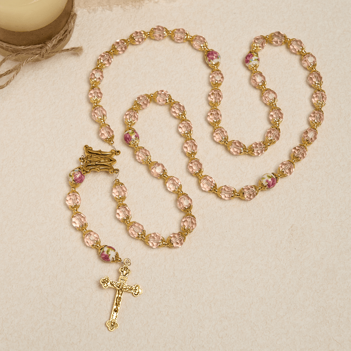 Pink Crystal Beads with Golden Alloy Chain Crucifix & Virgin Mary Prayer Rosary
