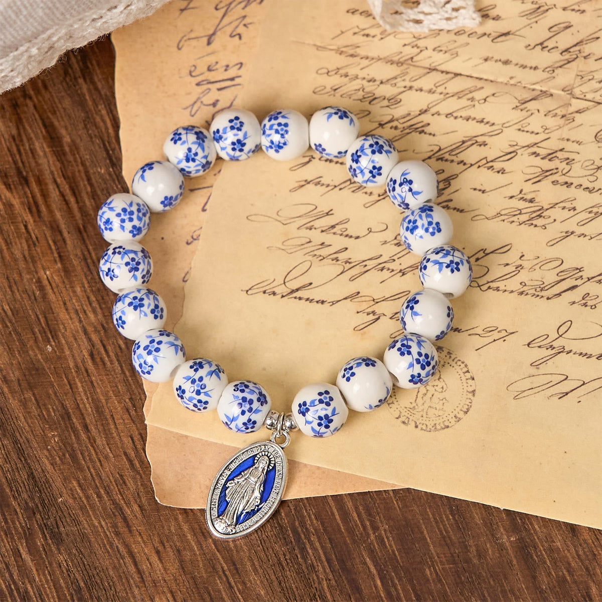 Blue & White Beaded Floral Bracelet with Miraculous Medal