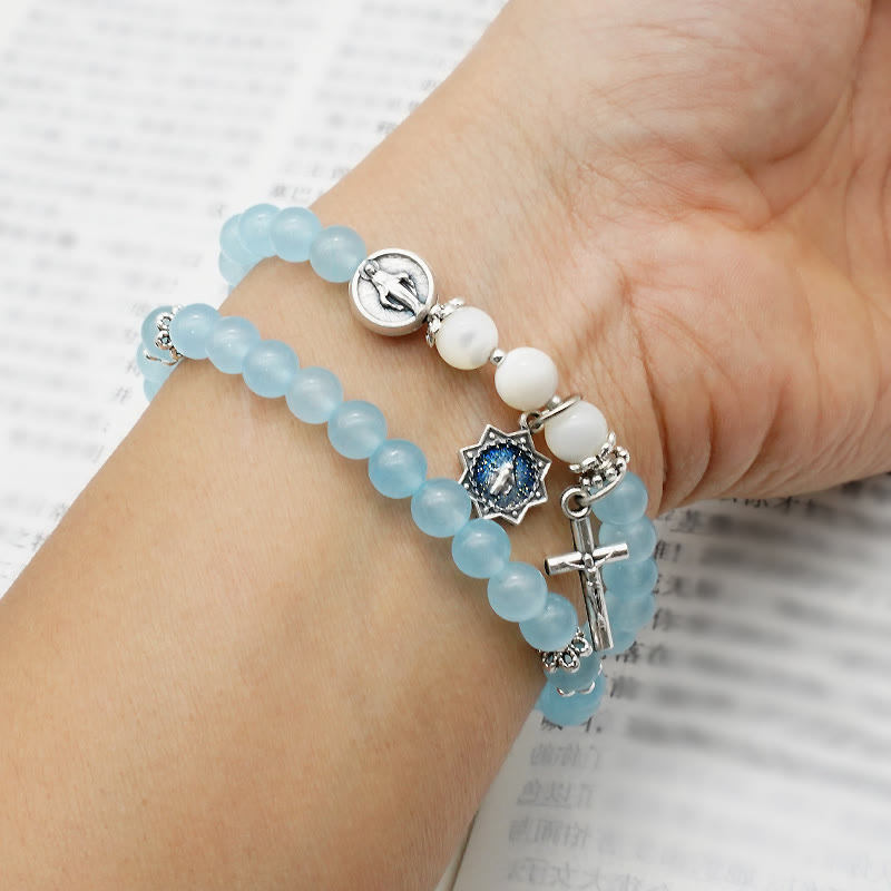 6mm Light Blue Bead Miraculous Medal & Crucifix Minimalist Bracelet: A Symbol of Faith