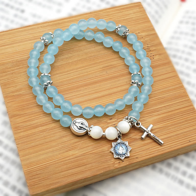 6mm Light Blue Bead Miraculous Medal & Crucifix Minimalist Bracelet: A Symbol of Faith