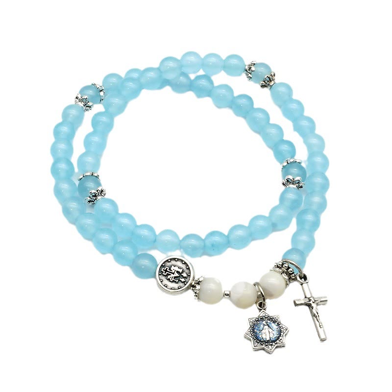 6mm Light Blue Bead Miraculous Medal & Crucifix Minimalist Bracelet: A Symbol of Faith