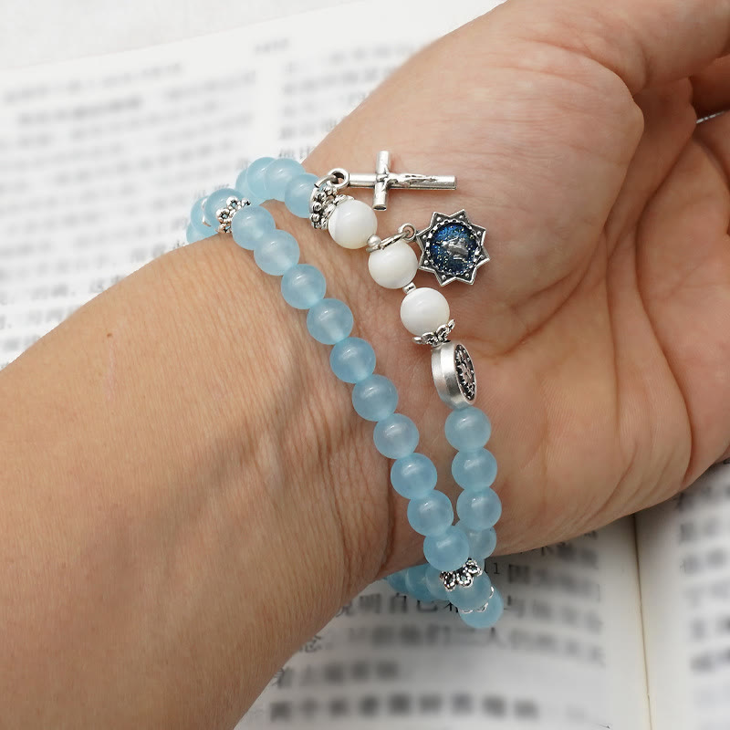 6mm Light Blue Bead Miraculous Medal & Crucifix Minimalist Bracelet: A Symbol of Faith