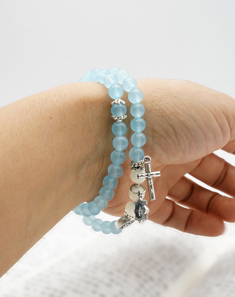 6mm Light Blue Bead Miraculous Medal & Crucifix Minimalist Bracelet: A Symbol of Faith