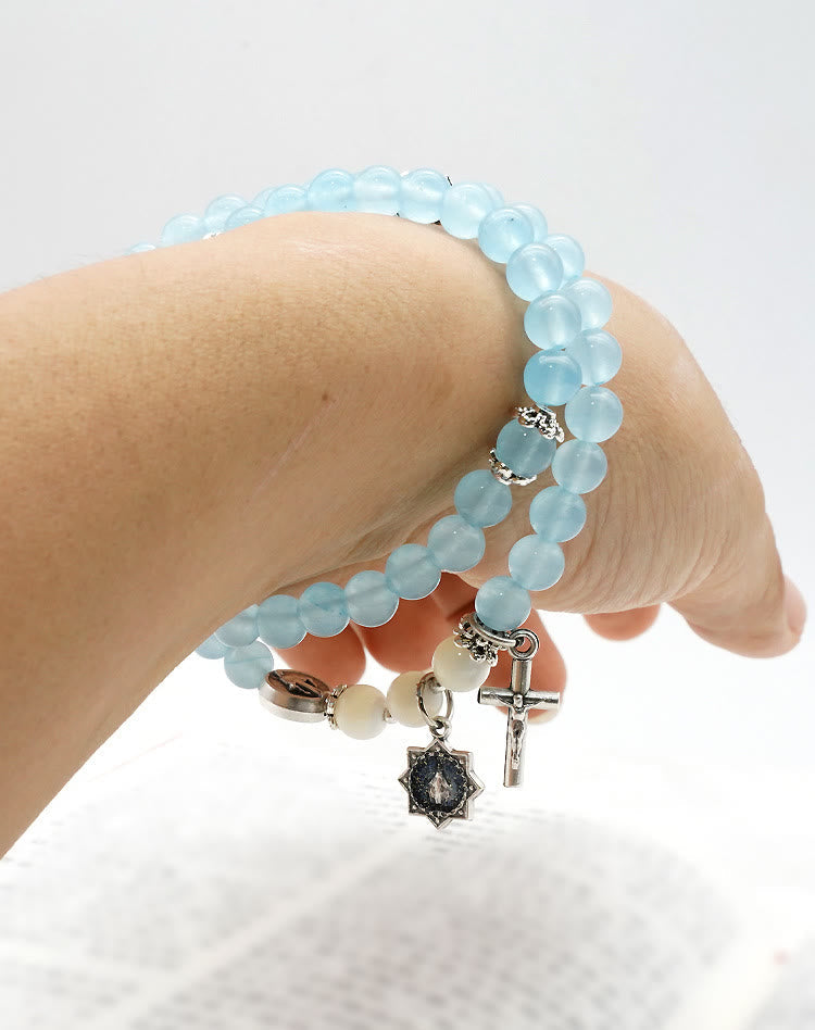 6mm Light Blue Bead Miraculous Medal & Crucifix Minimalist Bracelet: A Symbol of Faith