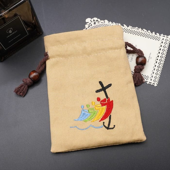 Jubilee Pilgrim Cotton Jewelry Pouches Storage Bag with Colorful Sailboat & Cross Embroidery: Divine Protection