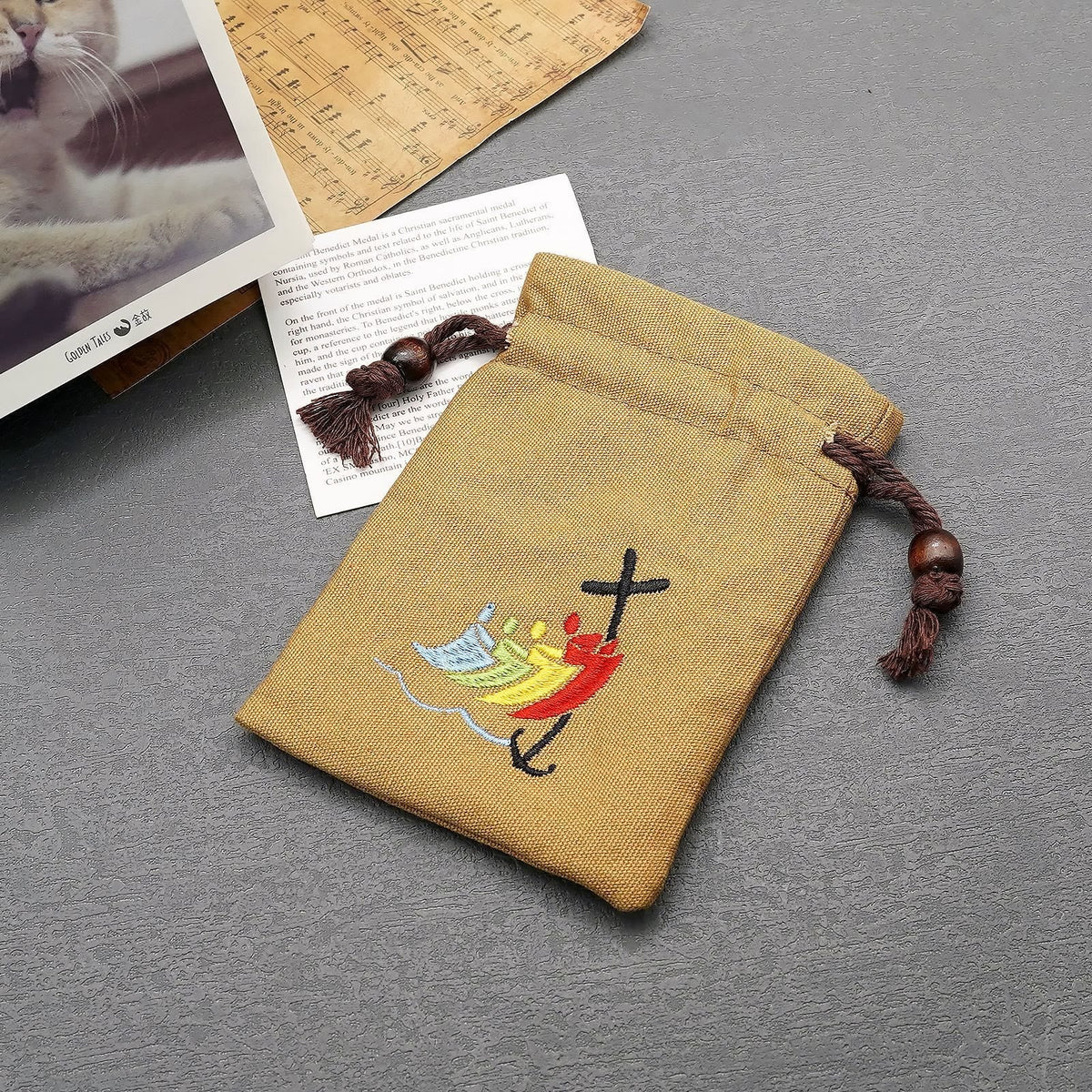 Jubilee Pilgrim Cotton Jewelry Pouches Storage Bag with Colorful Sailboat & Cross Embroidery: Divine Protection