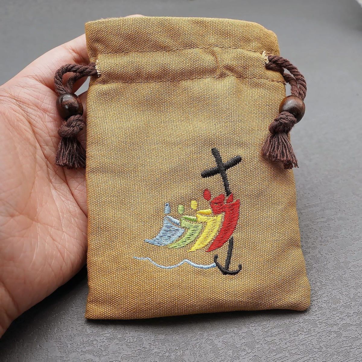 Jubilee Pilgrim Cotton Jewelry Pouches Storage Bag with Colorful Sailboat & Cross Embroidery: Divine Protection