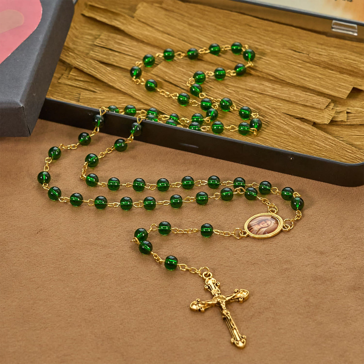 Vintage Green Glass Bead Rosary with Virgin Mary and Crucifix: Faith - Filled Heirloom