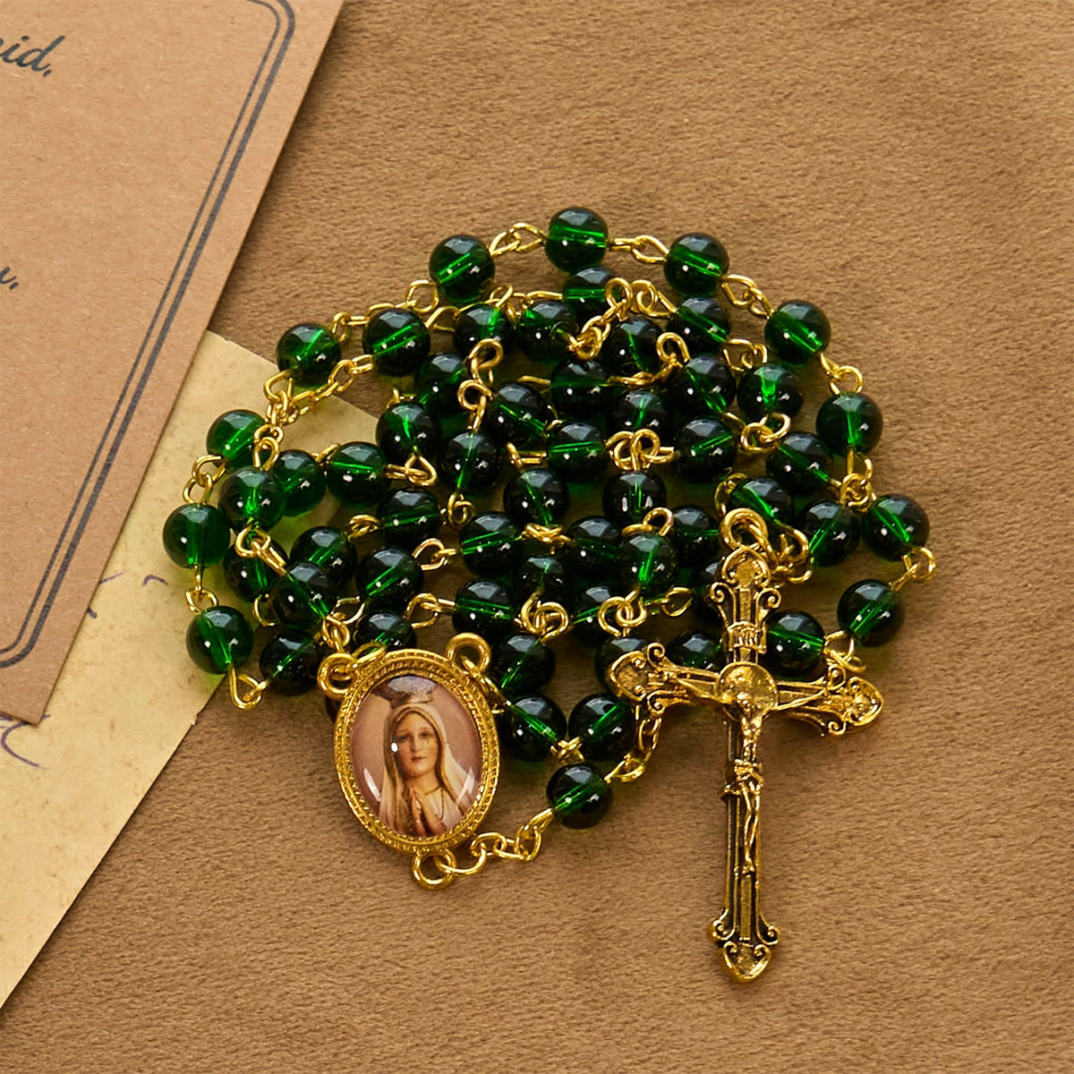 Vintage Green Glass Bead Rosary with Virgin Mary and Crucifix: Faith - Filled Heirloom