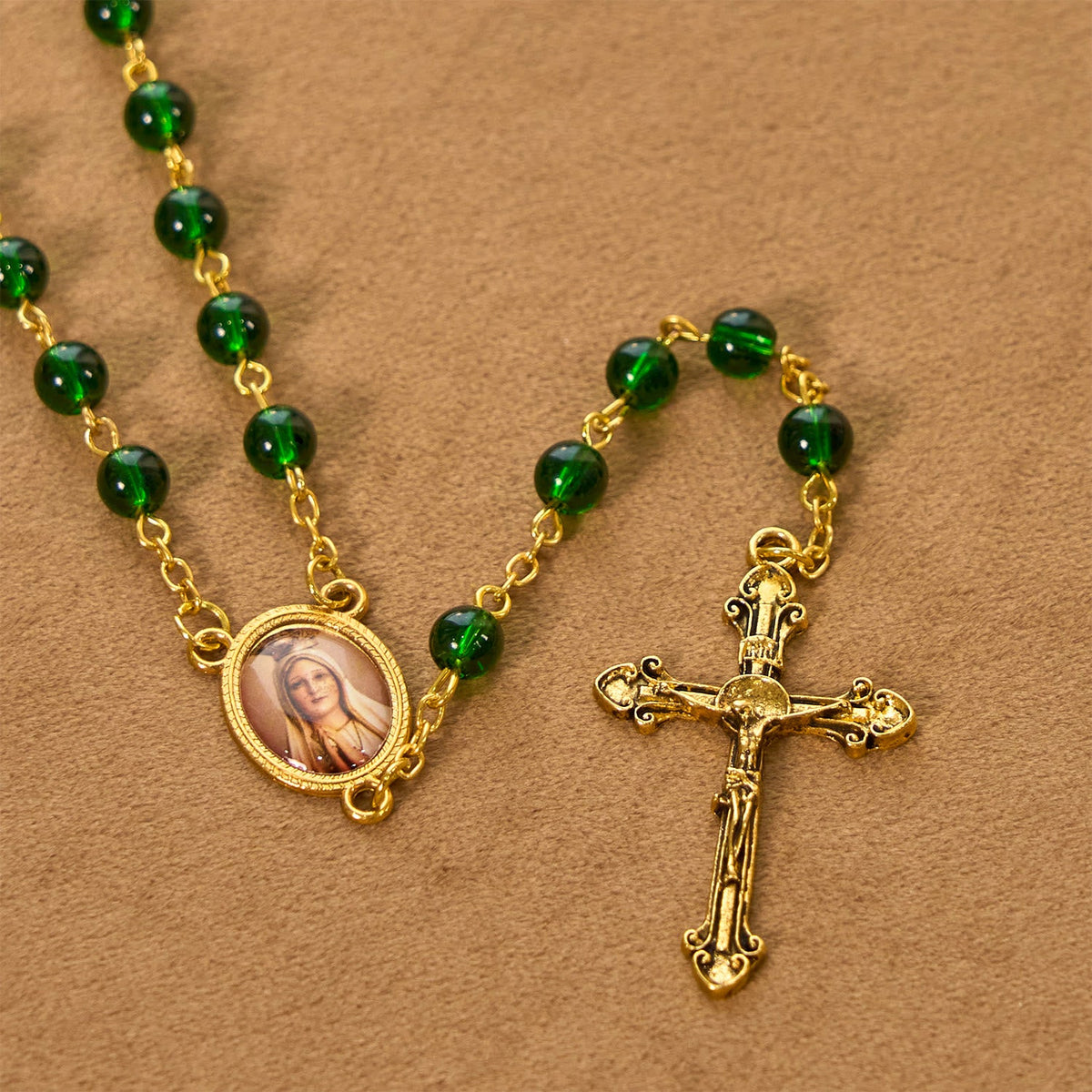 Vintage Green Glass Bead Rosary with Virgin Mary and Crucifix: Faith - Filled Heirloom