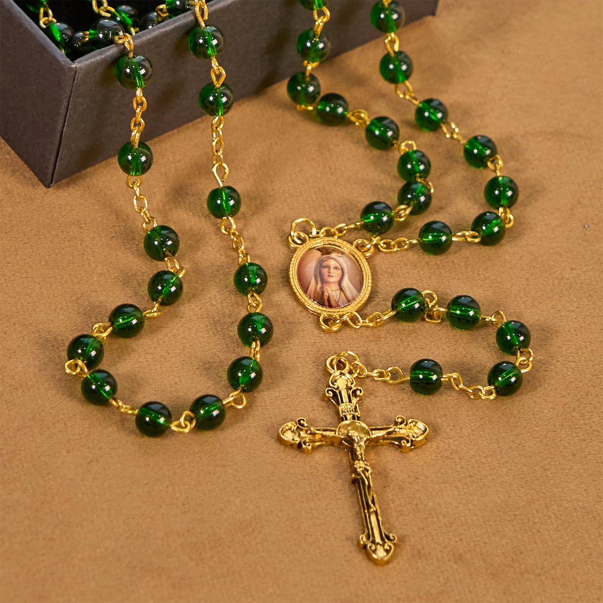 Vintage Green Glass Bead Rosary with Virgin Mary and Crucifix: Faith - Filled Heirloom