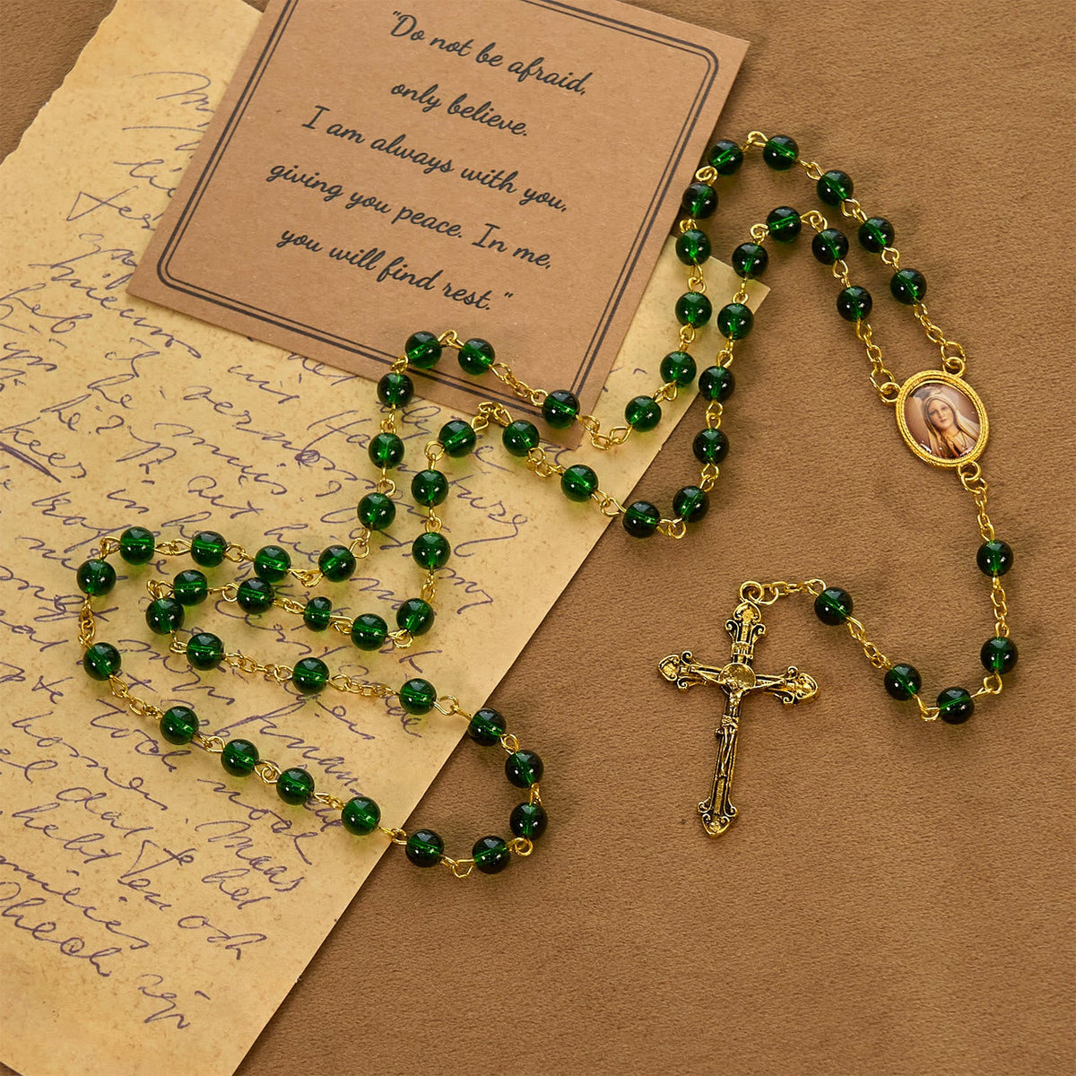 Vintage Green Glass Bead Rosary with Virgin Mary and Crucifix: Faith - Filled Heirloom