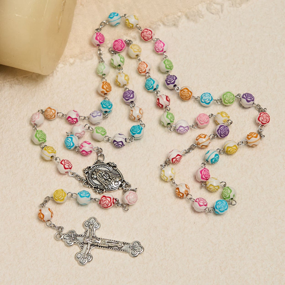 Multicolor Rose Beads with Virgin Mary Medal & Crucifix Rosary: Sacred Palette of Love