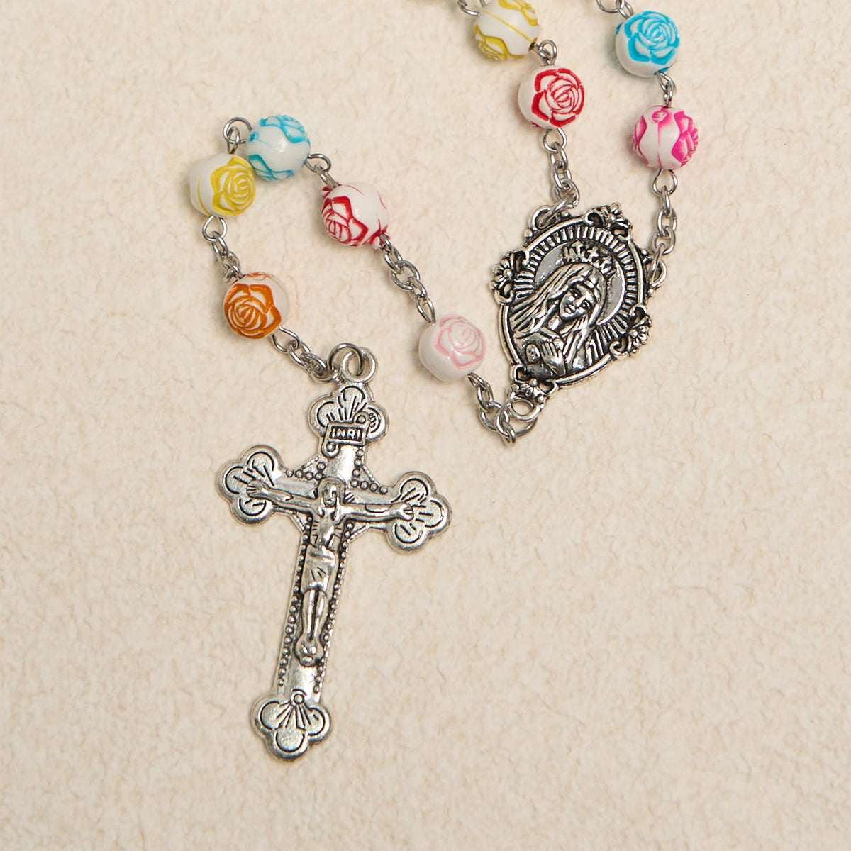 Multicolor Rose Beads with Virgin Mary Medal & Crucifix Rosary: Sacred Palette of Love