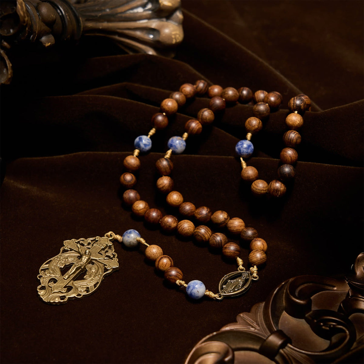 Virgin Mary & Crucifix of Wooden and Ceramics Beads Blessed Devotion Rosary