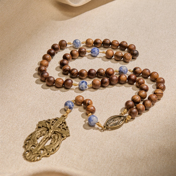Virgin Mary & Crucifix of Wooden and Ceramics Beads Blessed Devotion Rosary