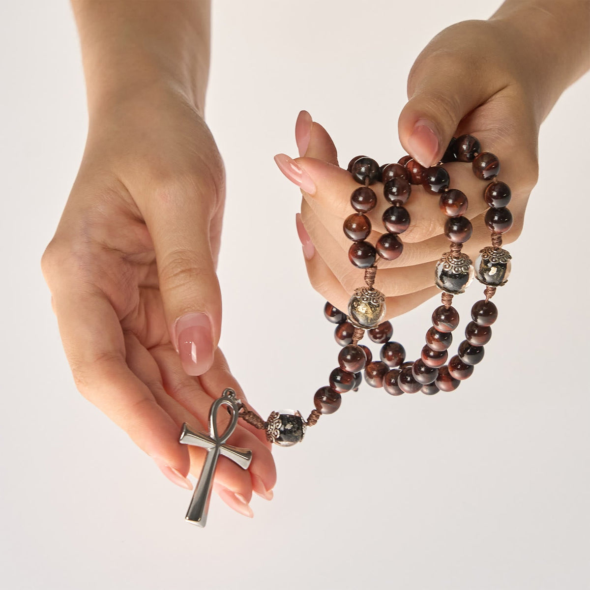 Wooden Beads Rosary & Necklace 2-in-1 with Ankh Cross: Adjustable Design, Endless Devotion