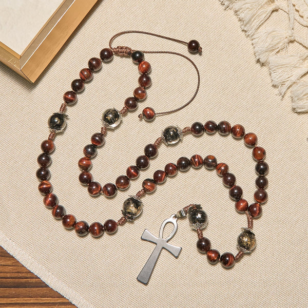 Wooden Beads Rosary & Necklace 2-in-1 with Ankh Cross: Adjustable Design, Endless Devotion