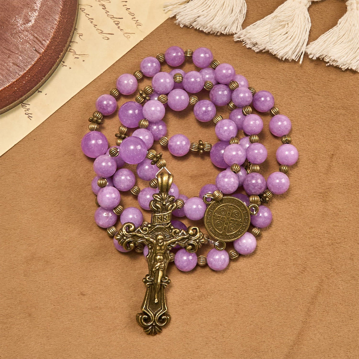 Thanksgiving Gift: Purple Garnet Chalcedony Rosary with Crucifix & St. Benedict: Graceful Spiritual Bond