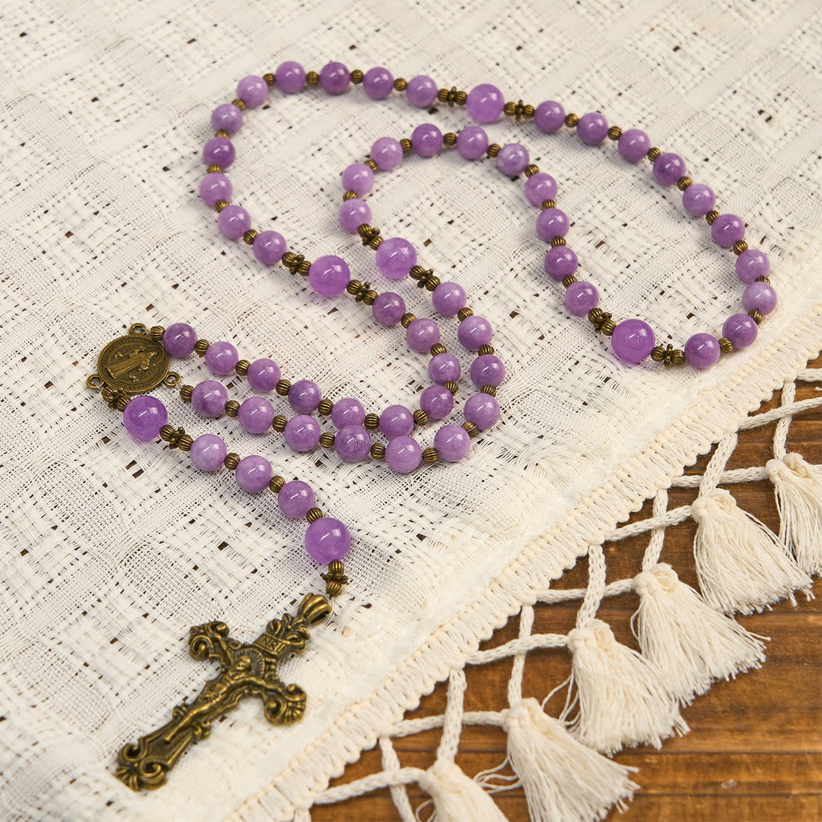 Thanksgiving Gift: Purple Garnet Chalcedony Rosary with Crucifix & St. Benedict: Graceful Spiritual Bond