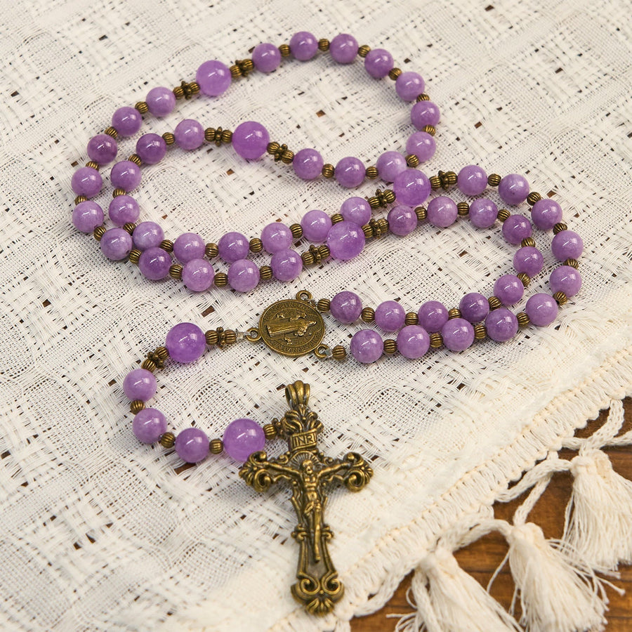 Purple Garnet Chalcedony Rosary with Crucifix & St. Benedict: Graceful Spiritual Bond