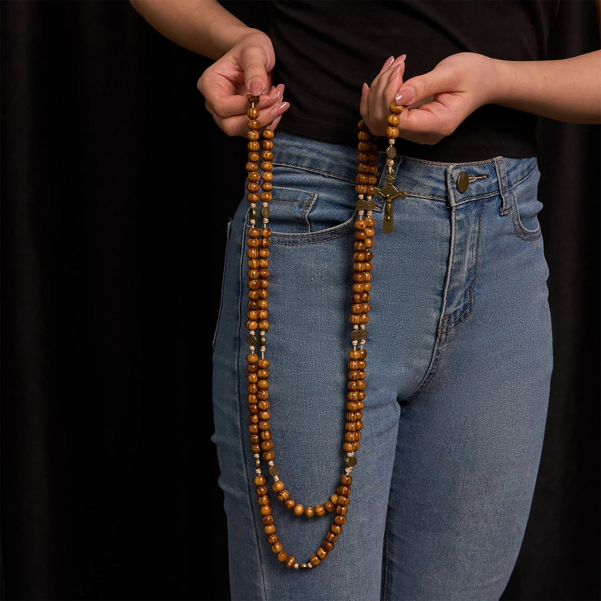 15/20 Decade Olive Wood Rosary with St. Benedict, Crucifix & Waist Chain Design—Divine Devotion in Dual Use
