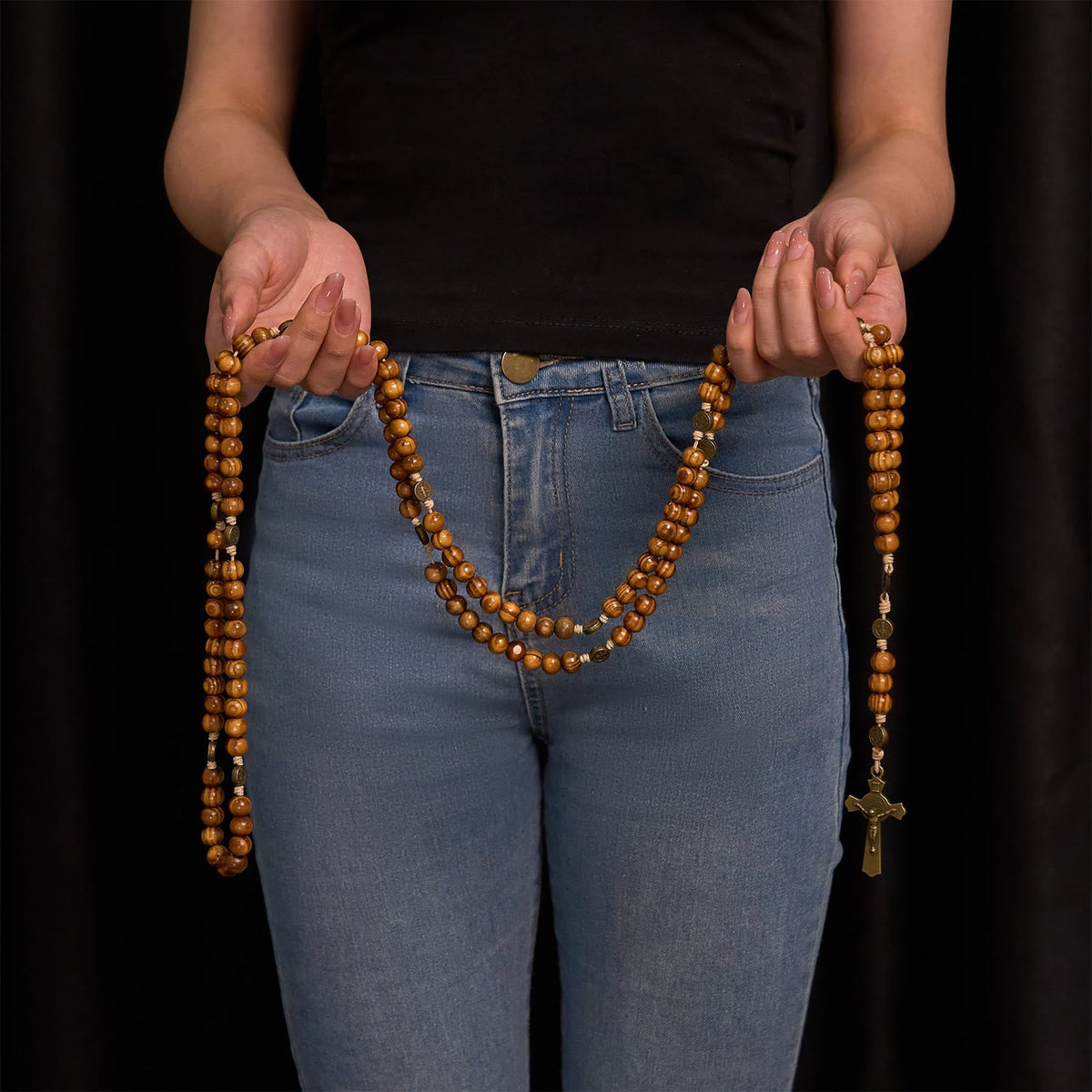 15/20 Decade Olive Wood Rosary with St. Benedict, Crucifix & Waist Chain Design—Divine Devotion in Dual Use