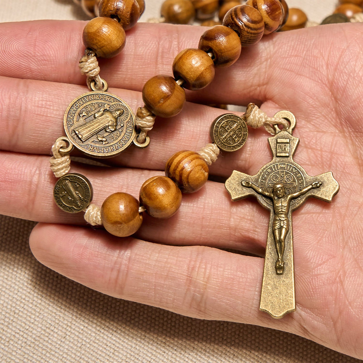 15/20 Decade Olive Wood Rosary with St. Benedict, Crucifix & Waist Chain Design—Divine Devotion in Dual Use