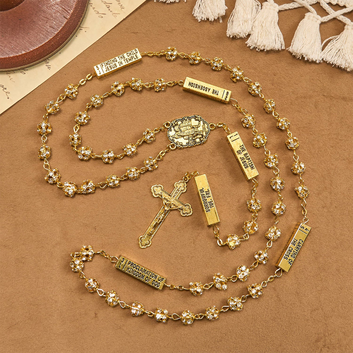 Our Lady of Fátima & Crucifix of 8 mm Round Golden Metal Gems Alloy Chain Rosary