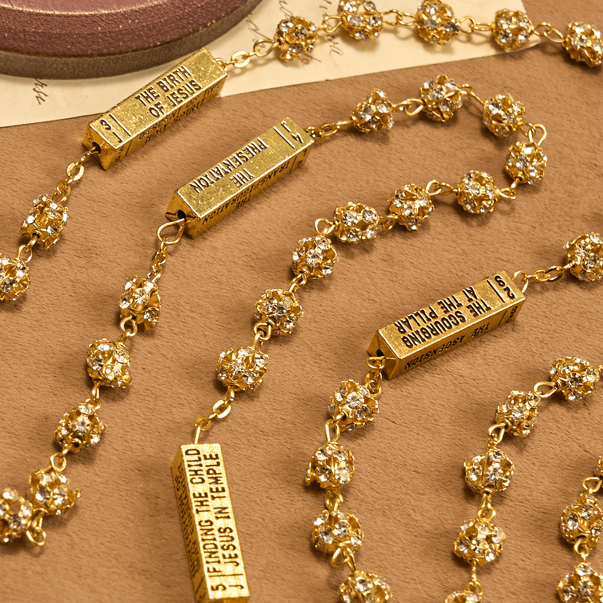 Our Lady of Fátima & Crucifix of 8 mm Round Golden Metal Gems Alloy Chain Rosary