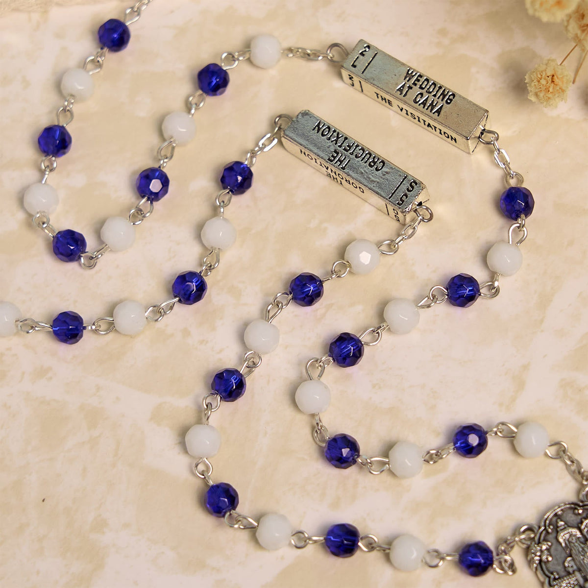 Blue & White Glass Beads Crucifix Jesus Rosary