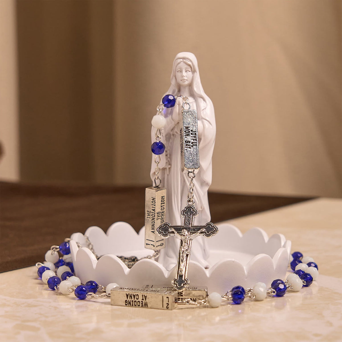 Blue & White Glass Beads Crucifix Jesus Rosary