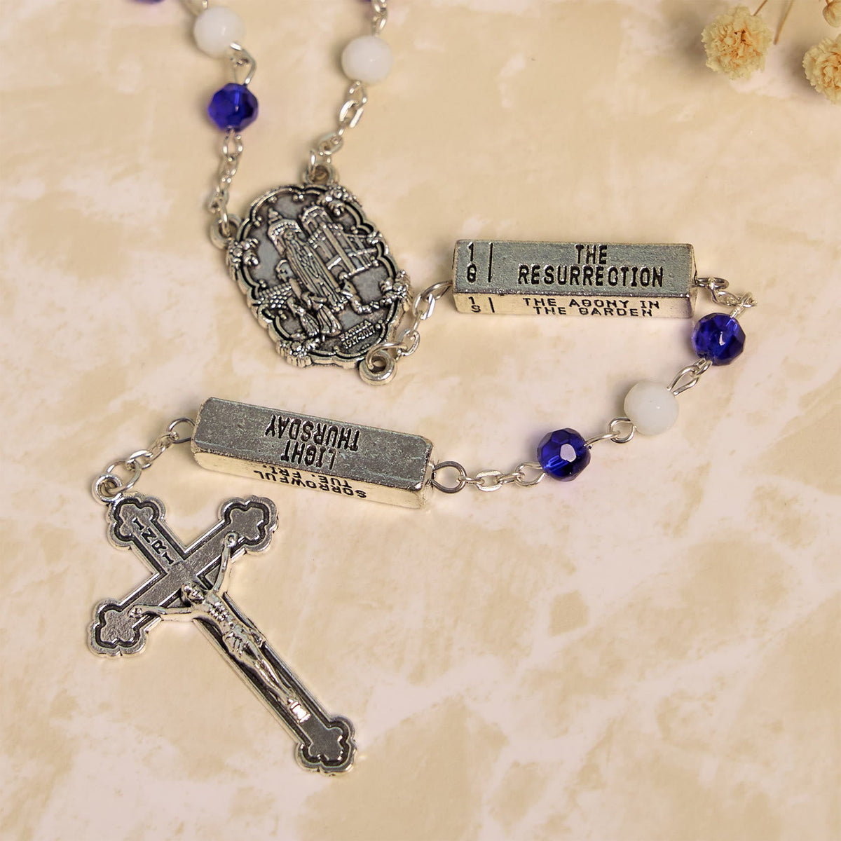 Blue & White Glass Beads Crucifix Jesus Rosary