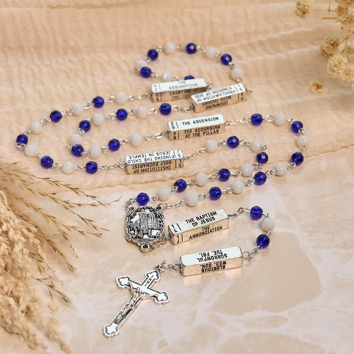 Blue & White Glass Beads Crucifix Jesus Rosary