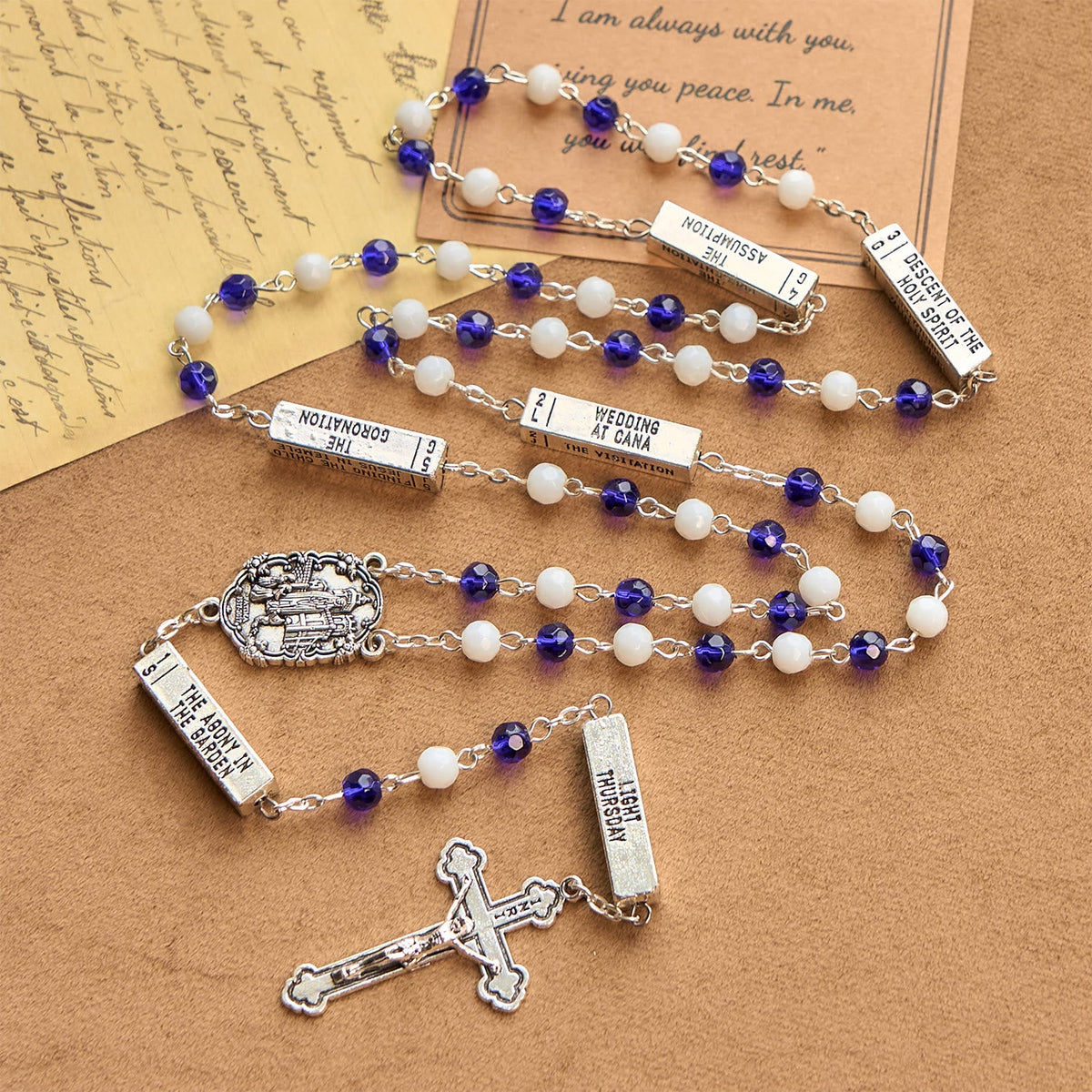 Blue & White Glass Beads Crucifix Jesus Rosary