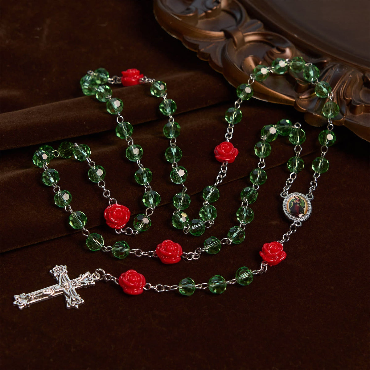Handmade Floral Crystal Beads & Crucifix with Virgin Mary Medal Rosary: Blossom of Grace Elegance