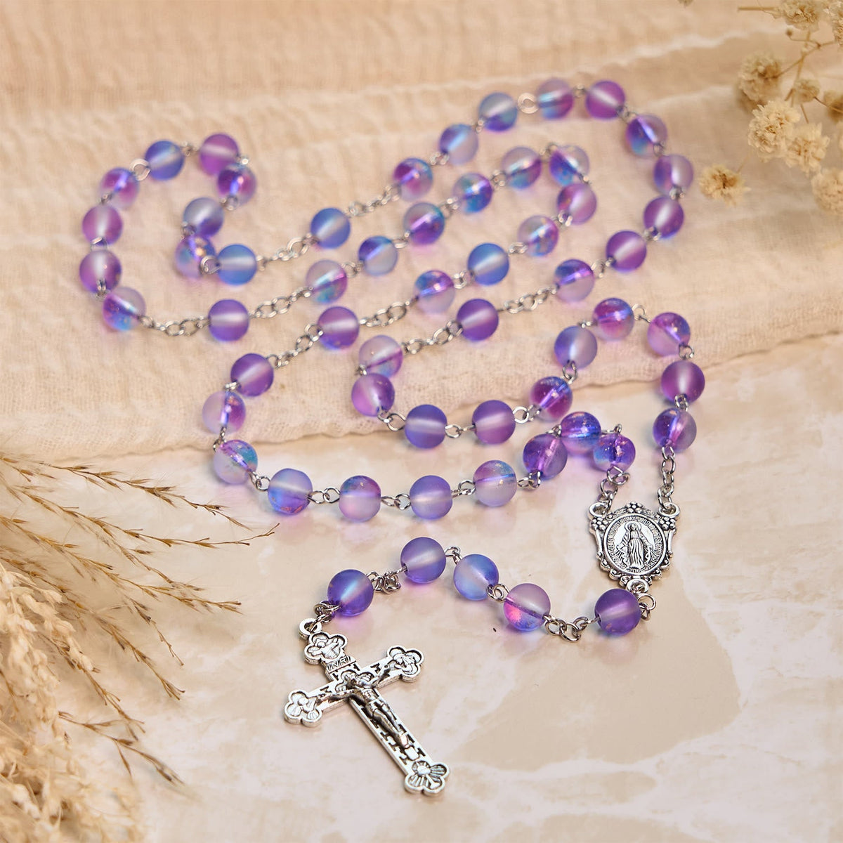 Frosted Blue and Purple Glass Beads Rosary Adorned with Miraculous Medal: Devotion in Textured Form