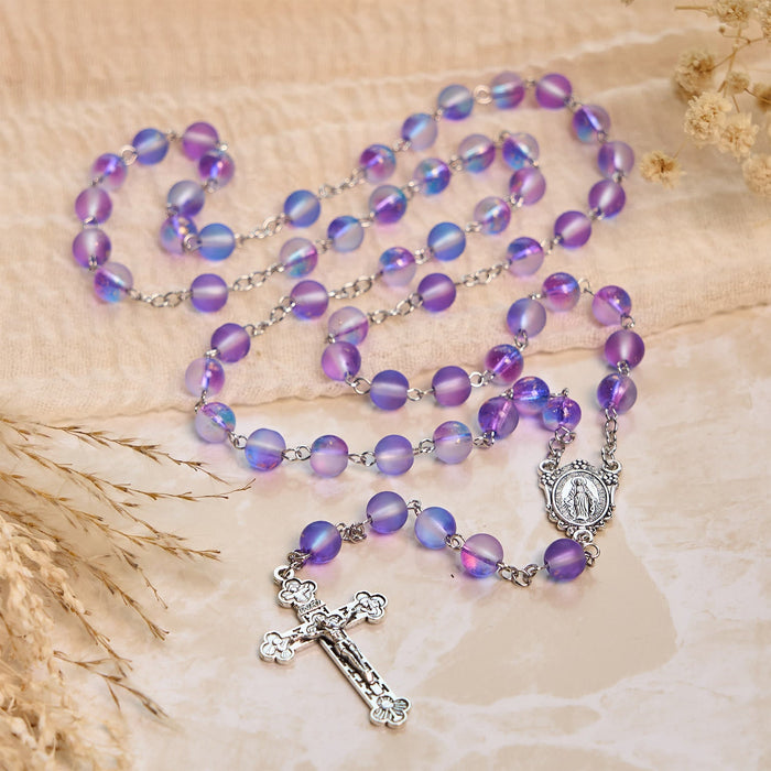 Frosted Blue and Purple Glass Beads Rosary Adorned with Miraculous Medal: Devotion in Textured Form