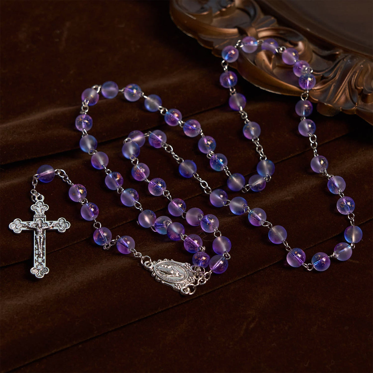 Frosted Blue and Purple Glass Beads Rosary Adorned with Miraculous Medal: Devotion in Textured Form