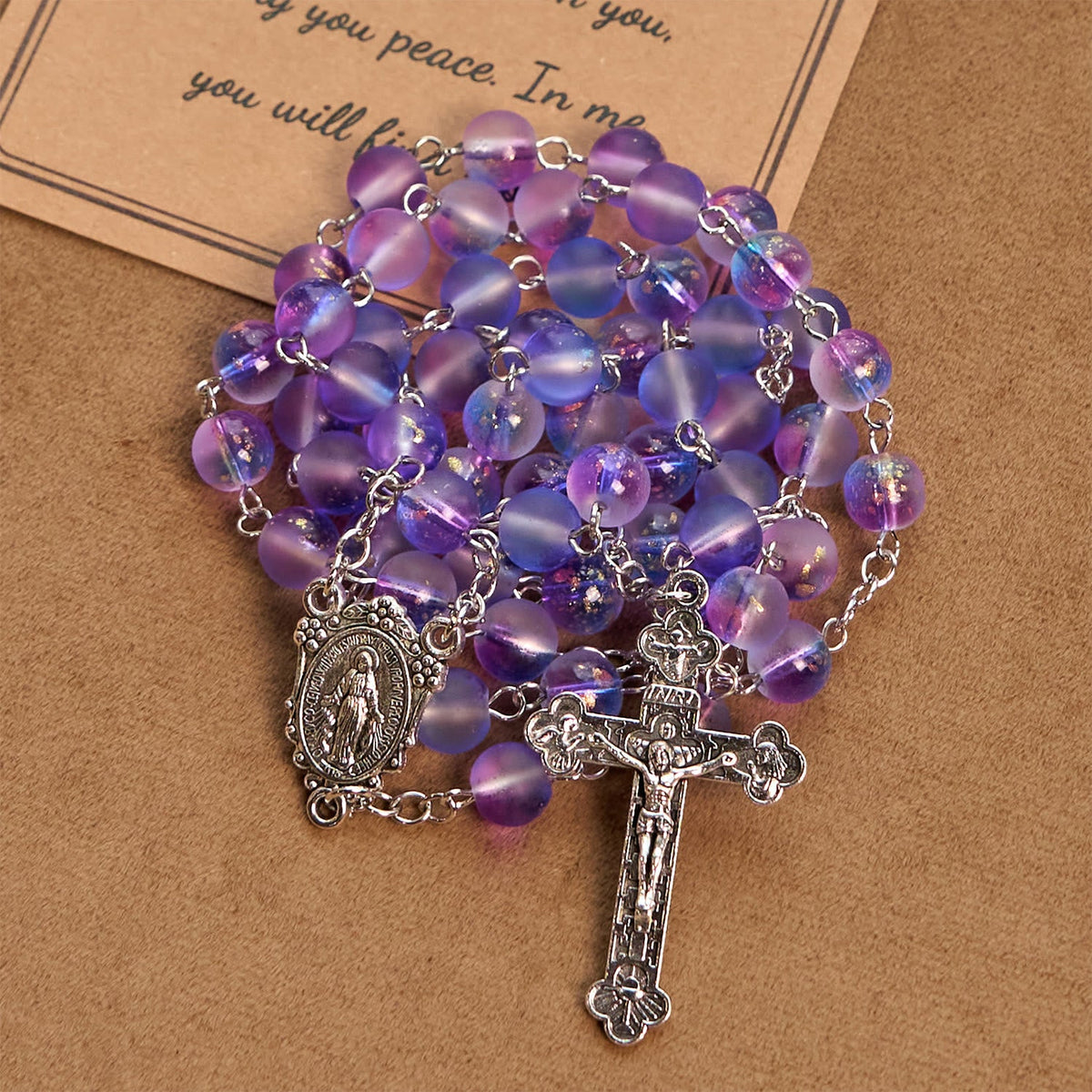 Frosted Blue and Purple Glass Beads Rosary Adorned with Miraculous Medal: Devotion in Textured Form