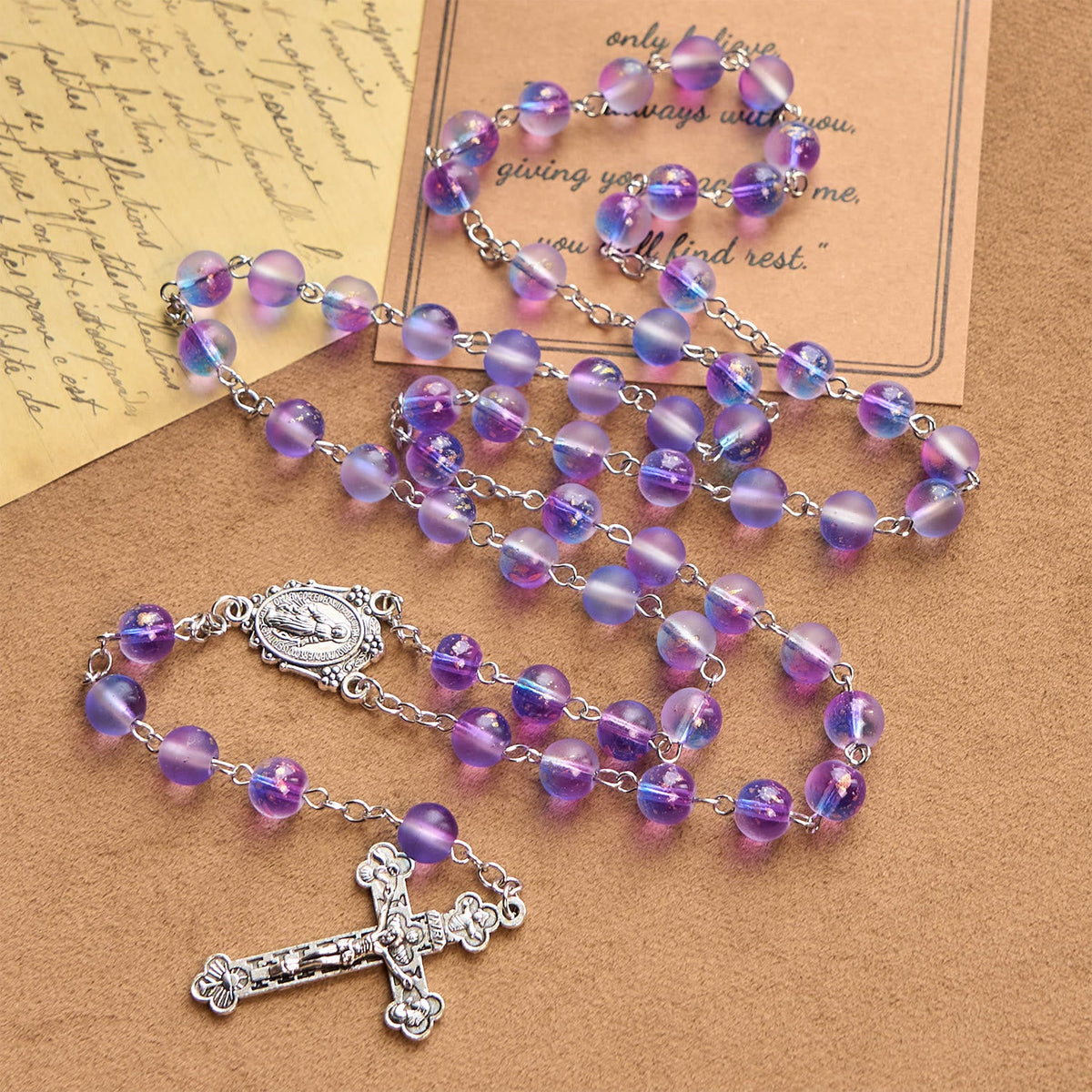 Frosted Blue and Purple Glass Beads Rosary Adorned with Miraculous Medal: Devotion in Textured Form