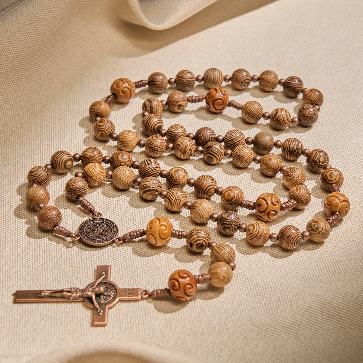 Divine Olive Wood Rosary Adorned with St. Benedict Medal & Crucifix: Sacred Devotion