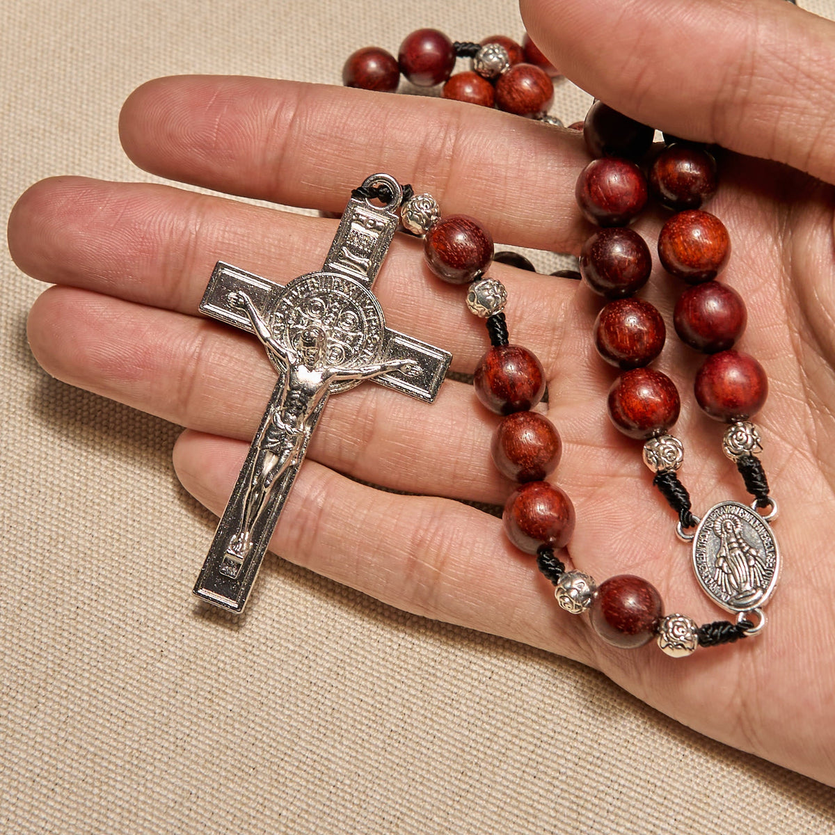 Red Wood and Rose Beads Rosary with Miraculous Medal: Embrace Divine Grace and Protection