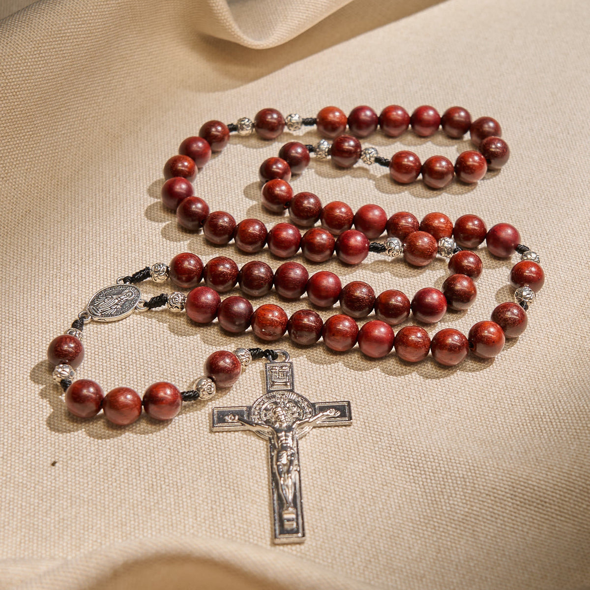 Red Wood and Rose Beads Rosary with Miraculous Medal: Embrace Divine Grace and Protection