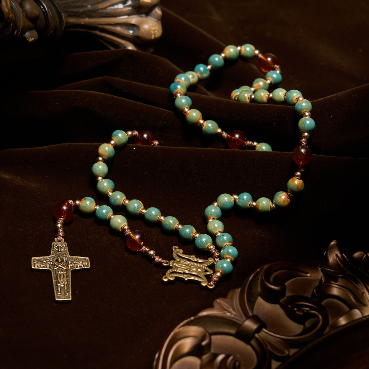 Handcrafted Green Ceramic Rosary with Miraculous Medal and Amber Beads: Feel Graceful Faith