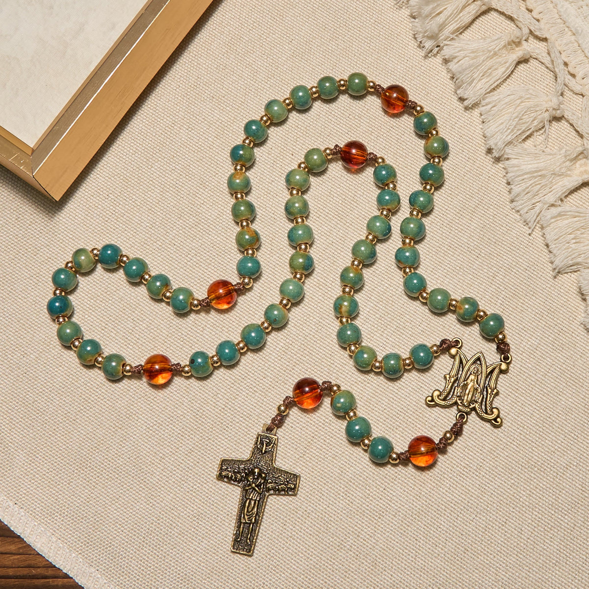 Handcrafted Green Ceramic Rosary with Miraculous Medal and Amber Beads: Feel Graceful Faith